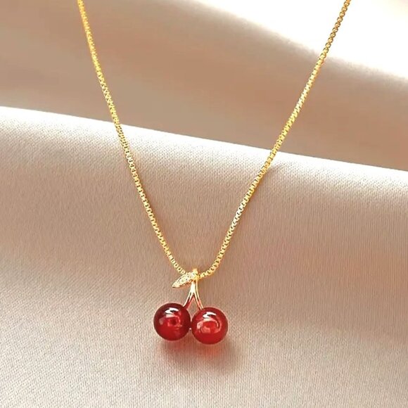 Cherry Necklace Jewelry - Necklace Cherry Bomb Charm Sweet Rhinestone Minimalist Pendant Gold Chain Trendy